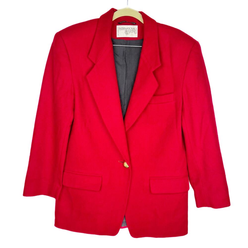 Vintage International Scene Red Wool Classic‎ Single Breasted Pockets Blazer 14